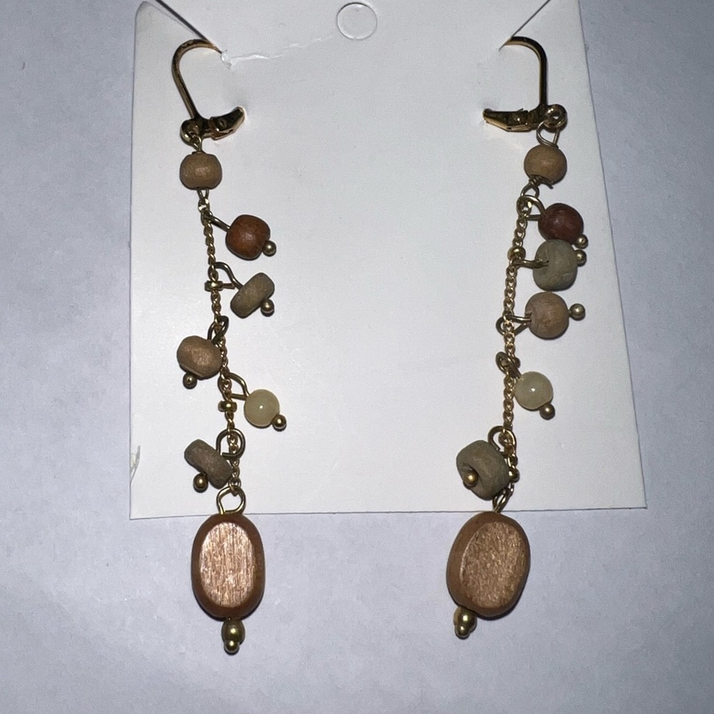 Wooden bead and Gold tone Dangle Earrings Gently Used